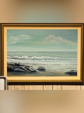 Coastal Seascape Wall Art in Teal and Beige - Framed